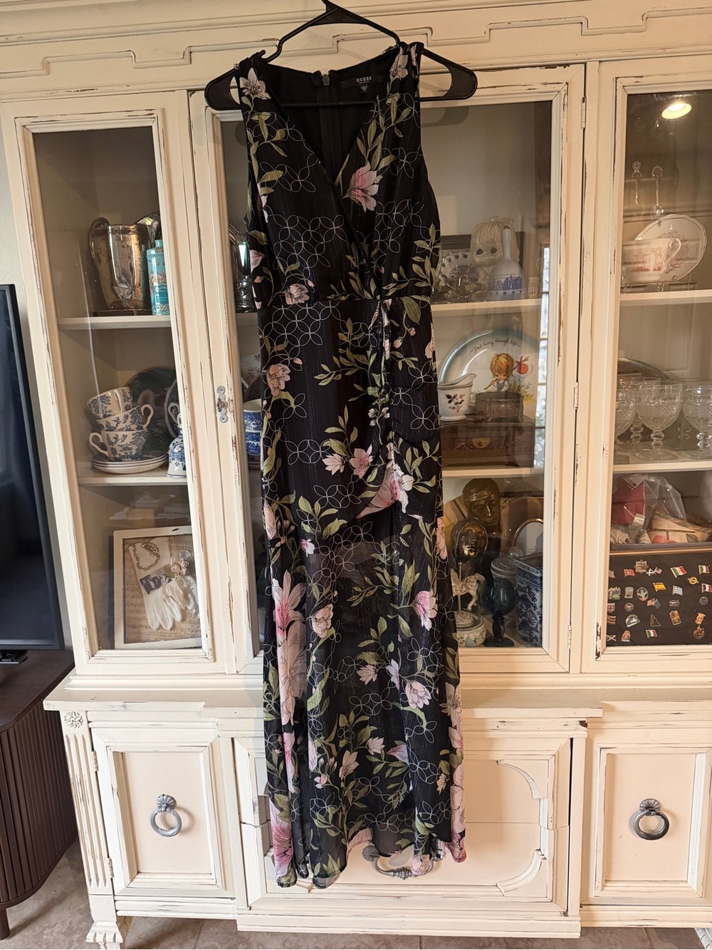 Guess Black Maxi Dress with Pink Floral & Green Leaf Print